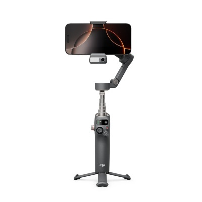 Estabilizador DJI cinza escuro com telemóvel e botões