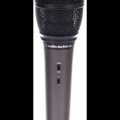 Microfone Audio-Technica preto com interruptores e grelha metálica