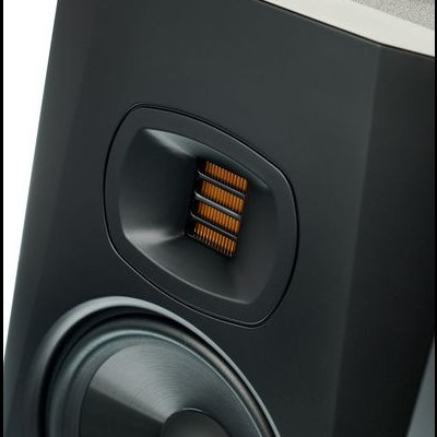 Coluna de som preta com tweeter laranja e driver circular