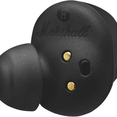 Auricular intra-auricular preto com detalhes dourados e texto 'Marshall' em relevo