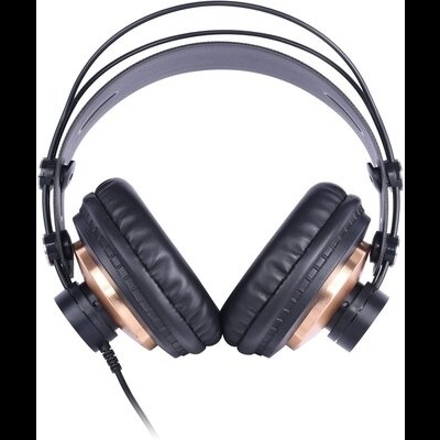 Auriculares circum-aurais pretos com detalhes dourados e cabo à esquerda