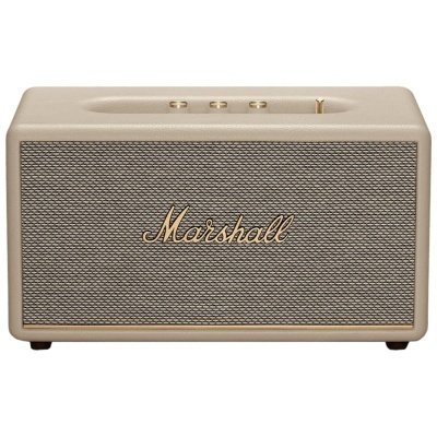 Coluna de som portátil Marshall bege com logótipo dourado e botões no topo