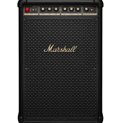 Coluna amplificadora Marshall preta com painel de controlo superior e nome dourado