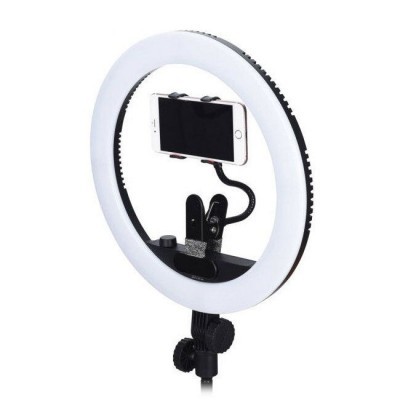 Anel de luz LED branco com suporte para telemóvel preto e telemóvel branco no centro