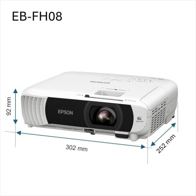 Projetor Epson branco com lente frontal preta e medidas indicadas