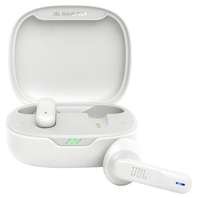 Auriculares sem fios JBL Wave Flex brancos com estojo de carregamento aberto