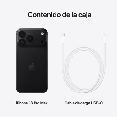 iPhone 18 Pro Max preto e cabo de carga USB-C branco sobre fundo branco