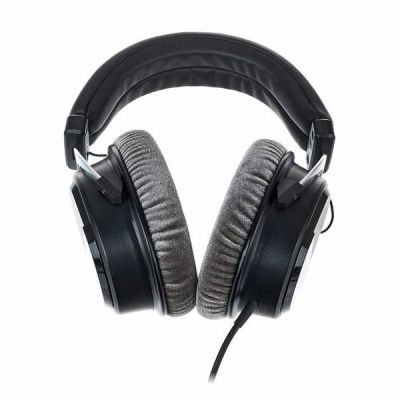 Auscultadores negros com almofadas cinzentas e arco acolchoado