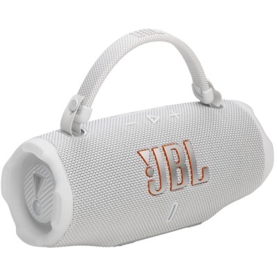 Coluna de som portátil JBL branca com alça e superfície texturizada