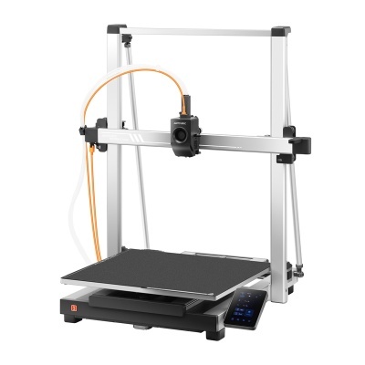 Impressora 3D Anycubic cinza com cama preta e ecrã tátil azul e preto