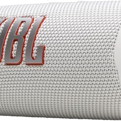 Coluna Bluetooth portátil JBL branca com logótipo vermelho em tecido de malha