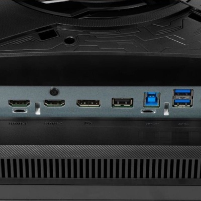 Portas traseiras de monitor ou computador incluem HDMI, DP, e USB em preto e azul.