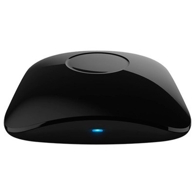 Dispositivo eletrônico preto com luz azul num fundo branco