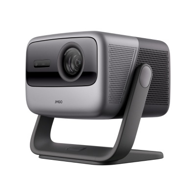 Projetor JmGO cinza e preto com lente visível e suporte ajustável