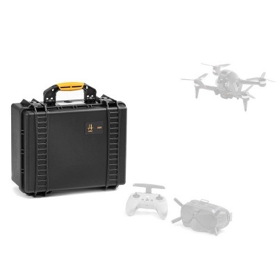 Mala preta robusta com alça amarela para transporte, com padrões nas bordas