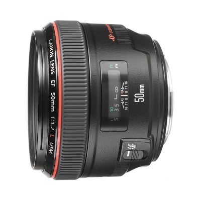 Objetiva Canon Lens EF 50mm 1:1.2 L USM preta com detalhes vermelhos