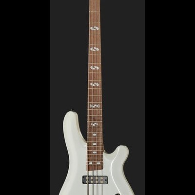 Baixo elétrico branco com braço castanho e marca PHILIP JONES na cabeça