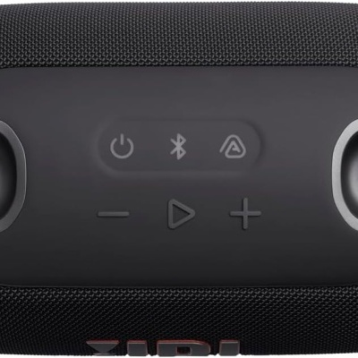 Coluna Bluetooth preta da marca JBL com botões de controlo no topo