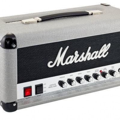 Cabeça de amplificador de guitarra Marshall cinza e preto com botões e interruptor