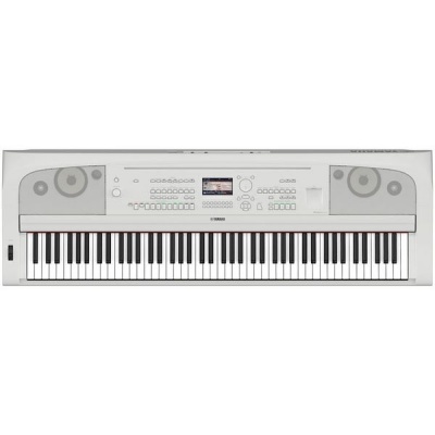 Teclado musical digital Yamaha branco com altifalantes embutidos e ecrã central
