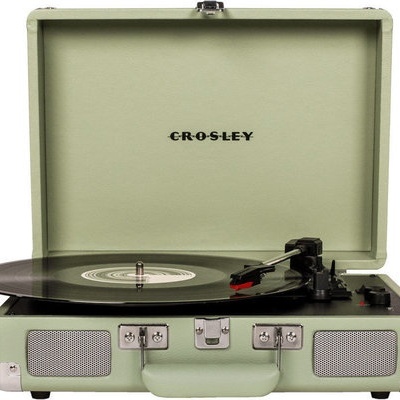 Gira-discos portátil verde claro CROSLEY com disco vinil