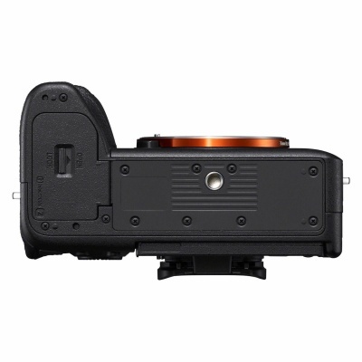 Base de câmara fotográfica preta com montagem laranja e suporte de tripé