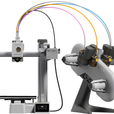 Impressora 3D Bambu Lab A1 SE prateada com tubos coloridos e estação de filamento