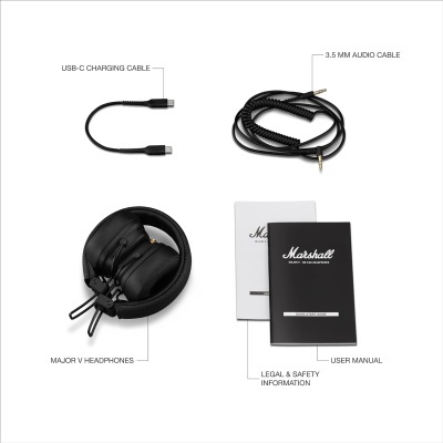 Conjunto de auscultadores Major V com cabos USB-C e áudio, e manuais