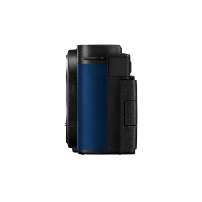 Câmara fotográfica preta com detalhe azul e textura de couro