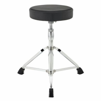 Banco de bateria com assento redondo preto e estrutura metálica cromada