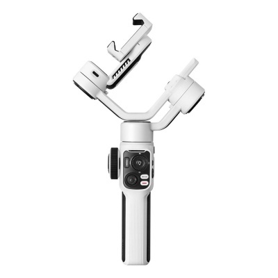 Gimbal estabilizador branco e preto com botões e suporte para smartphone