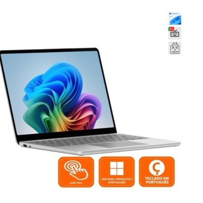 Computador portátil prateado com ecrã colorido e ícones de funcionalidades em português