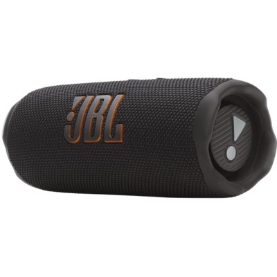Coluna portátil preta JBL com botão triangular e textura trançada