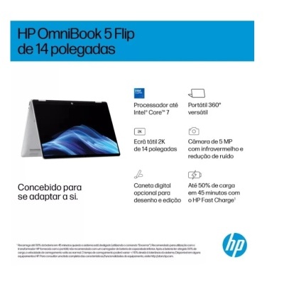 Portátil HP OmniBook 5 Flip 14 polegadas prata com ecrã táctil 2K e especificações