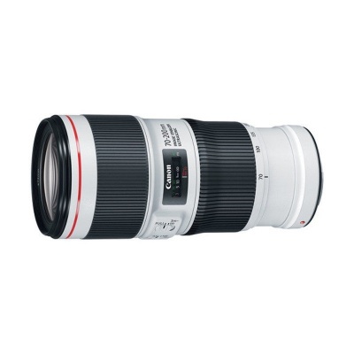 Objetiva Canon 70-200mm branca com detalhes pretos e vermelhos