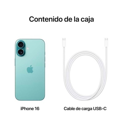 iPhone 16 verde água com duas câmaras e cabo USB-C branco