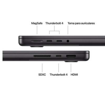 Lados do portátil com portas etiquetadas como MagSafe, Thunderbolt 4, Toma para auriculares, SDXC e HDMI