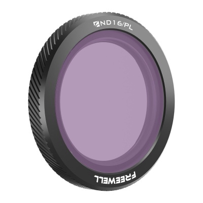 Filtro fotográfico circular preto com vidro roxo e texto branco ND16/PL FREEWELL