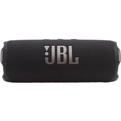 Coluna portátil preta JBL com tecido texturado e logo prateado