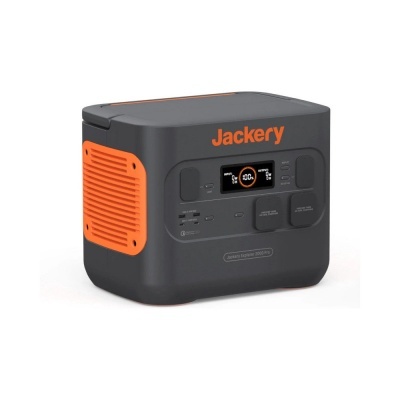 Bateria portátil Jackery cinza escuro com detalhes laranja e ecrã digital