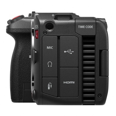 Lado de uma câmara de vídeo preta com entradas e botões visíveis