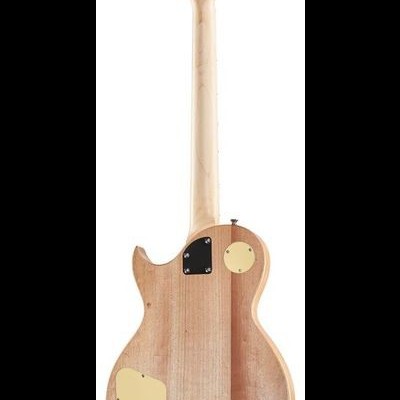 Guitarra elétrica de madeira vista de trás com capas de acesso bege e ferragens pretas