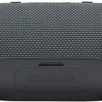 Coluna portátil Bluetooth cinzenta e preta com tampa de borracha