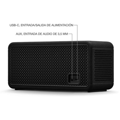 Coluna portátil preta com entradas USB-C e AUX e textura em rede