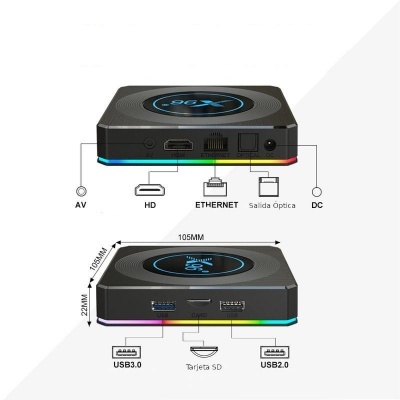Aparelho eletrônico preto com várias portas e luz LED colorida base