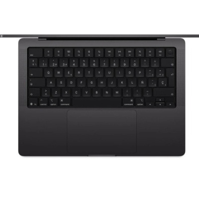 Computador portátil com teclado preto em layout QWERTY e estrutura cinza escuro aberto visto de cima