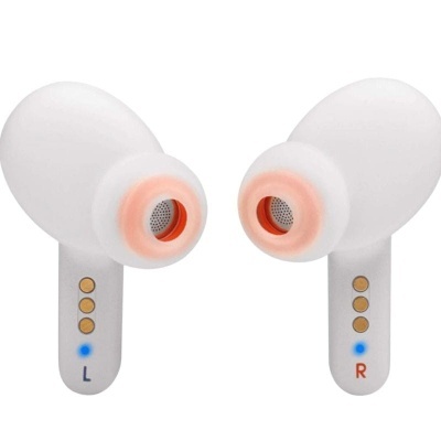 Auscultadores intra-auriculares brancos com ponteiras cor-de-rosa e letras L e R