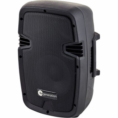 Coluna de som preta fun generation com grelha frontal metálica e corpo de plástico