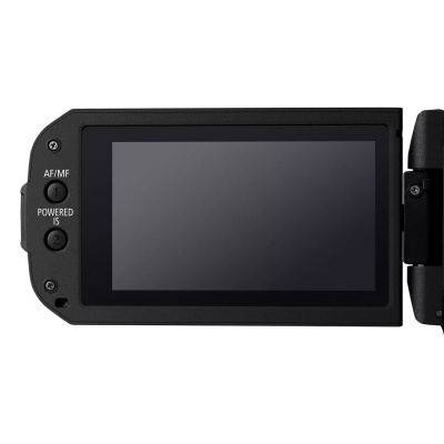 Ecrã digital preto com botões AF/MF e POWERED IS numa câmara