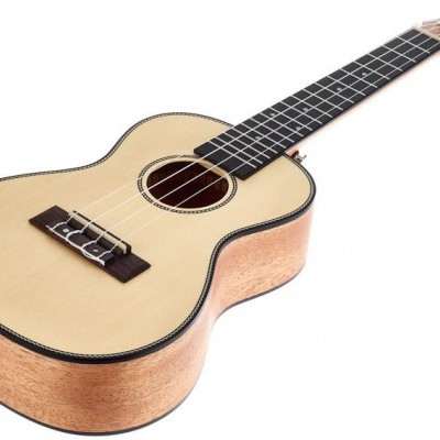 Ukulele de madeira clara e castanha com trastes e tarraxas